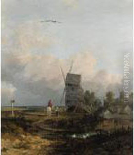 Figures By A Windmill Oil Painting by John Crome