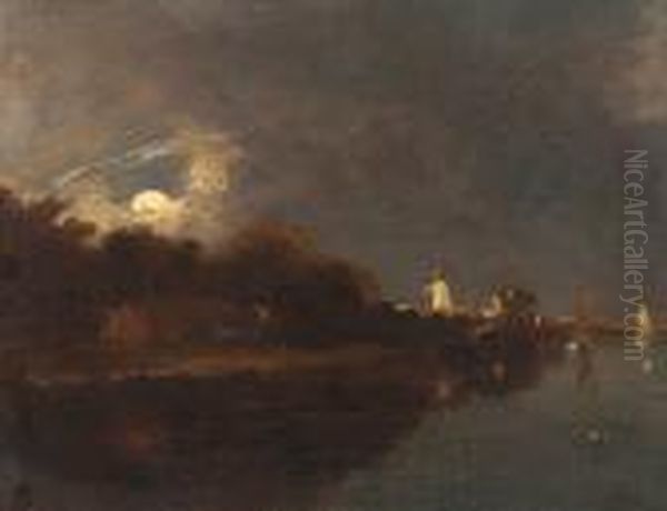 A Moonlight View On The River Yare Oil Painting by John Crome