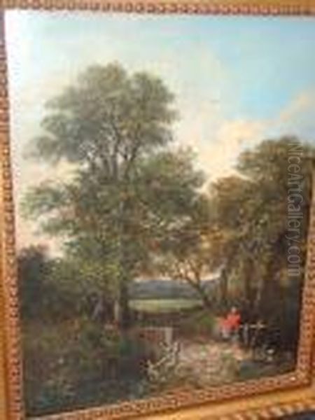 Figure On A Bridge In A Woodland Landscape Oil Painting by John Crome