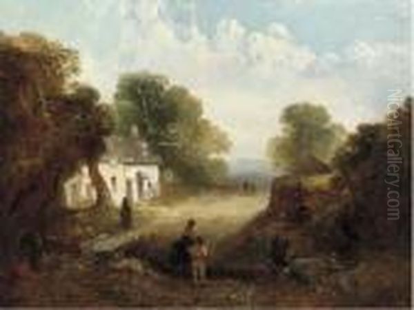 Figures Before A Sunlit Cottage Oil Painting by John Crome