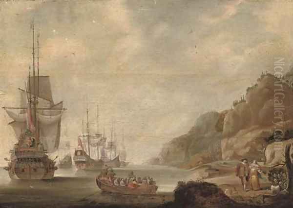 The Dutch fleet lying off a rocky shore with an officer being rowed out Oil Painting by Jacob Knyff