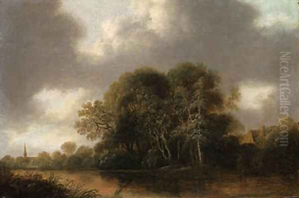 A wooded river landscape with a cottage, a church spire beyond Oil Painting by Francois Van Knibbergen