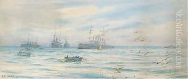 A cruiser squadron offshore with boat crews heading for the beach Oil Painting by George Cochrane Kerr