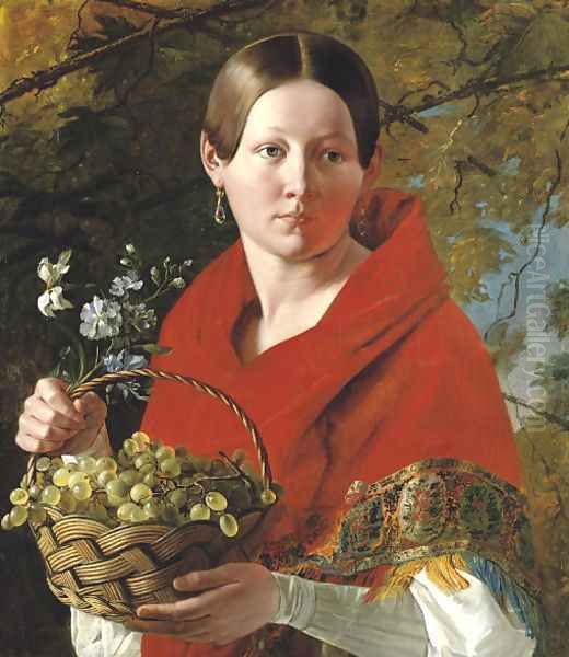 Portrait of a young woman holding a basket of grapes Oil Painting by Ivan Fomich Khrutskii