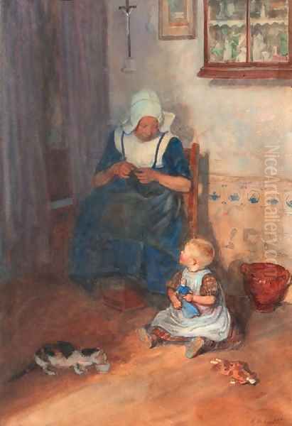 An interior scene with a woman knitting Oil Painting by Heinrich Martin Krabb