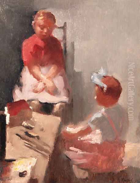 Two girls admiring their dollhouse Oil Painting by Heinrich Martin Krabb