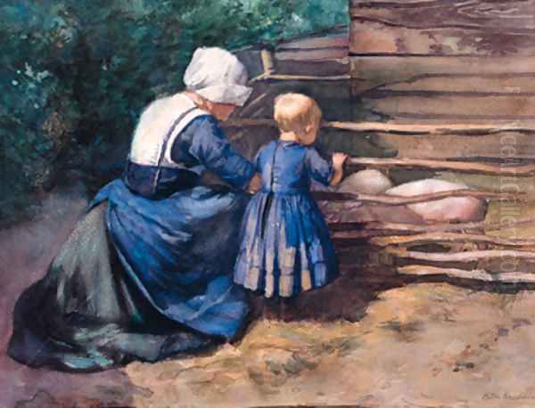 Watching the little pigs Oil Painting by Heinrich Martin Krabb