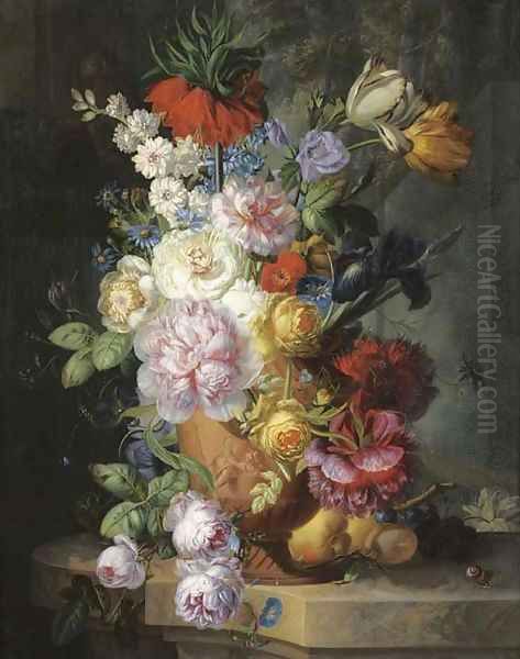 Roses, parrot tulips, an iris, morning glory and other flowers in a sculpted vase Oil Painting by Jan Keldermann