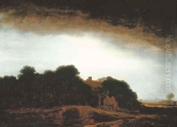 A wooded landscape with a cottage by a path at dusk, an artist sketching in the foreground Oil Painting by Philips Koninck