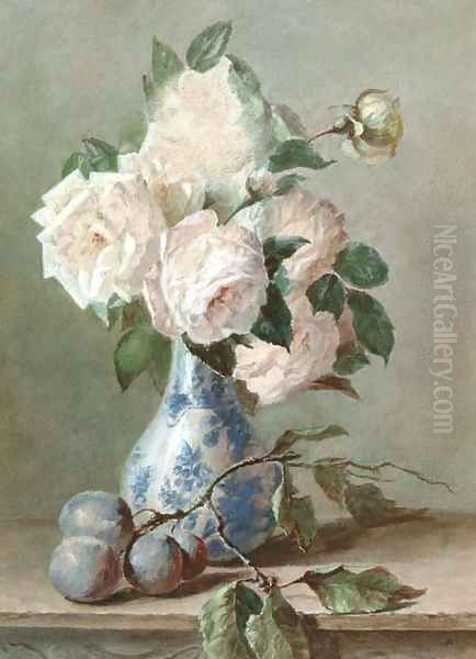 White roses in a blue and white vase Oil Painting by Catharina Kiers