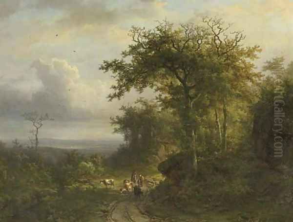 Peasants on a wooded path, a valley beyond; and peasants entering a chapel in a wooded valley Oil Painting by Barend Cornelis Koekkoek