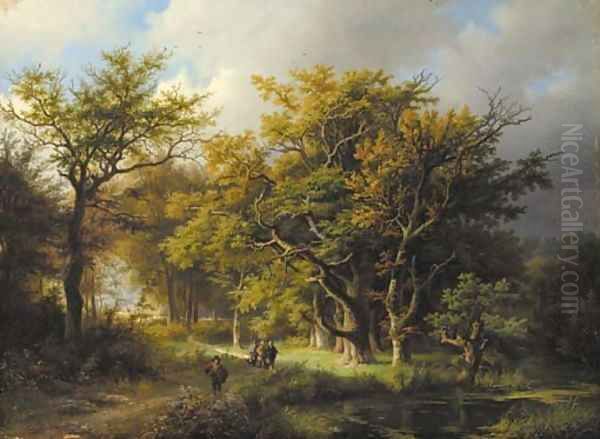 Sportsmen on a forest track Oil Painting by Barend Cornelis Koekkoek