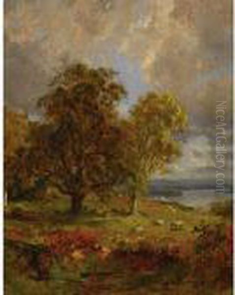 Landscape With Trees And Sheep Near A Copse Oil Painting by Jasper Francis Cropsey