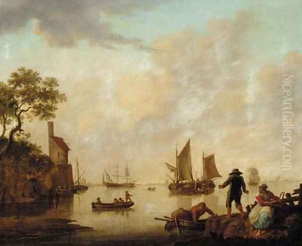 An extensive river landscape with peasants mooring a boat and ships beyond Oil Painting by Willem Kett