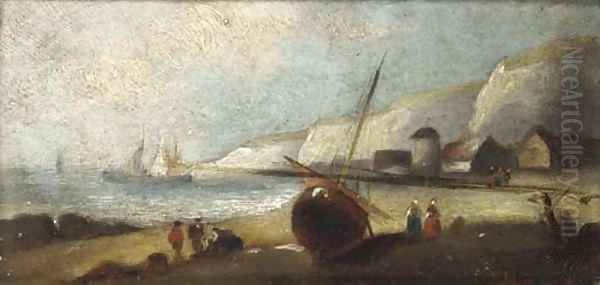 Unloading at low tide on the Britanny coast; and A Britanny fishing village Oil Painting by Charles Euphrasie Kuwasseg