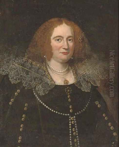 Portrait of a lady, half-length, in a black dress with a lace-trim collar Oil Painting by Cornelis Ketel