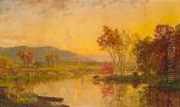 An Autumn Landscape With Cattle Watering At A River Oil Painting by Jasper Francis Cropsey