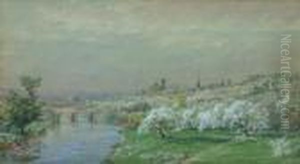 Spring Landscape With River And Town Oil Painting by Jasper Francis Cropsey