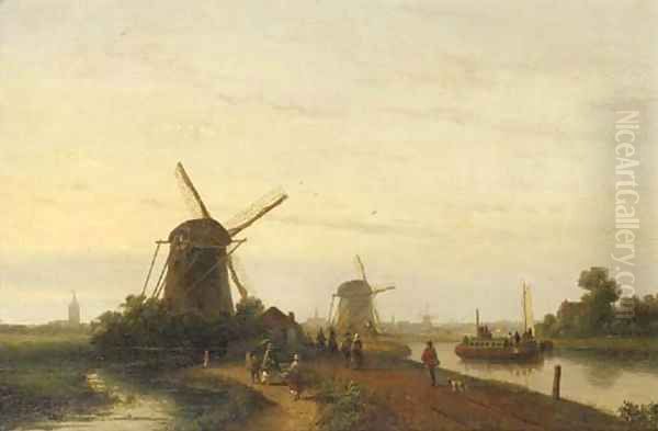 Figures along a canal near The Hague Oil Painting by Lodewijk Johannes Kleijn