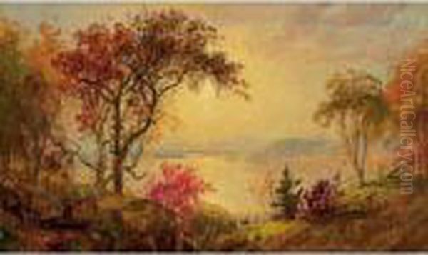 Lake Scene With Hikers In Vale Oil Painting by Jasper Francis Cropsey