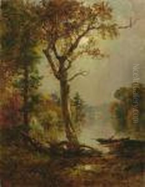 Fisherman In A Fall Landscape Oil Painting by Jasper Francis Cropsey