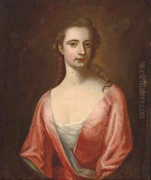 Portrait of a lady, half-length, in a pink dress with blue trim Oil Painting by Sir Godrey Kneller