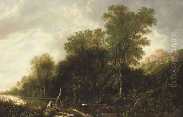 A wooded landscape with nymphs bathing in a river Oil Painting by Francis Van Knibbergen