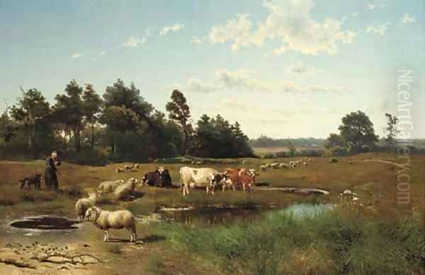 A summer landscape with cattle grazing Oil Painting by Johan Daniel Koelmann