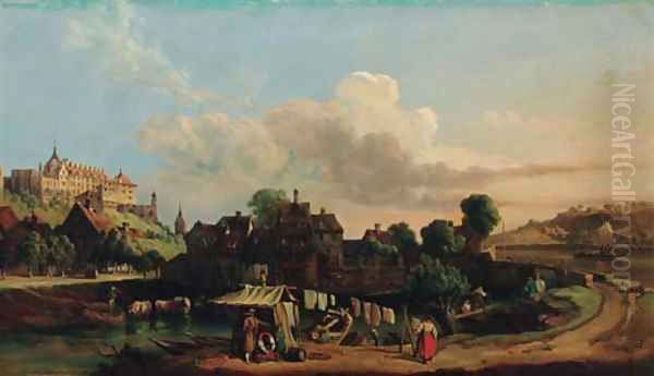 A town in a river valley by Carl Joseph Kuwasseg