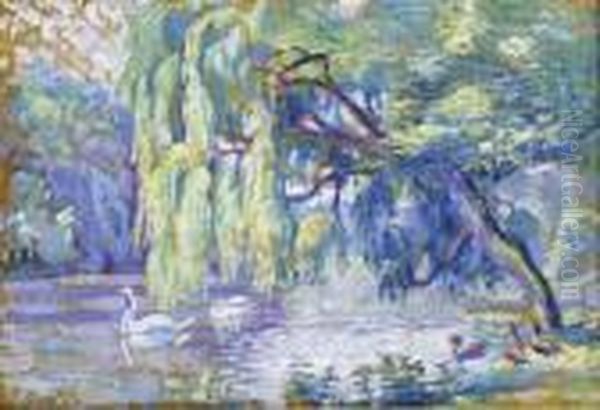 Les Cygnes Sur Le Lac Du Bois De Boulogne Oil Painting by Henri Edmond Cross