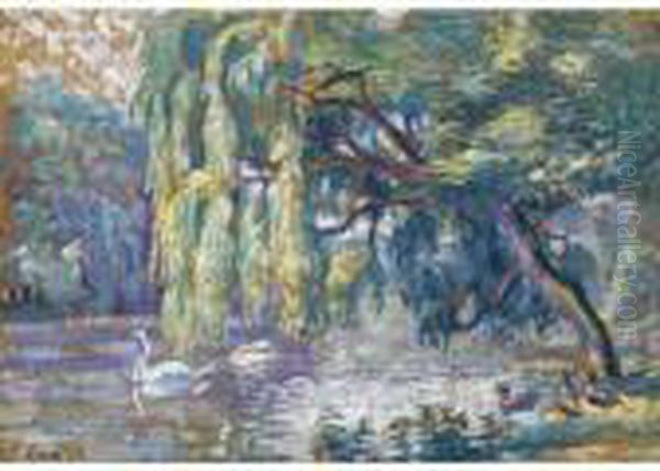 Famille De Cygnes (le Bois De Boulogne) Oil Painting by Henri Edmond Cross