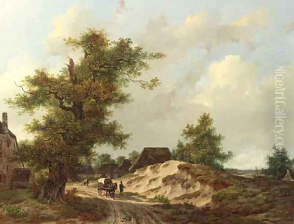 Travellers on a sandy track through a village in a wooded landscape Oil Painting by Adrianus Van Der Koogh