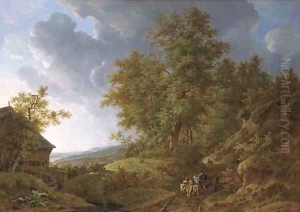 An extensive rolling landscape with travellers on a sandy track by a watermill Oil Painting by Adrianus Van Der Koogh