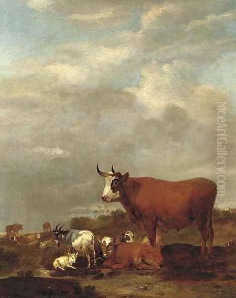 A landscape with cows and goats Oil Painting by Albert-Jansz. Klomp