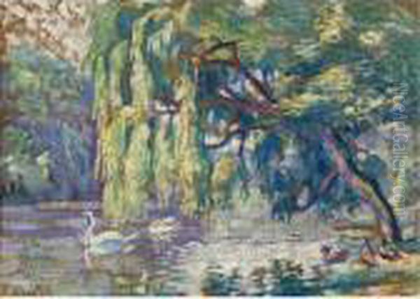 Famille De Cygnes (le Bois De Boulogne) Oil Painting by Henri Edmond Cross