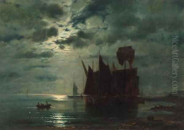 Fishing boats in a harbour by moonlight Oil Painting by Ferdinand Konig