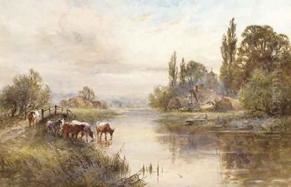 Cattle on the banks of a river Oil Painting by Henry John Kinniard