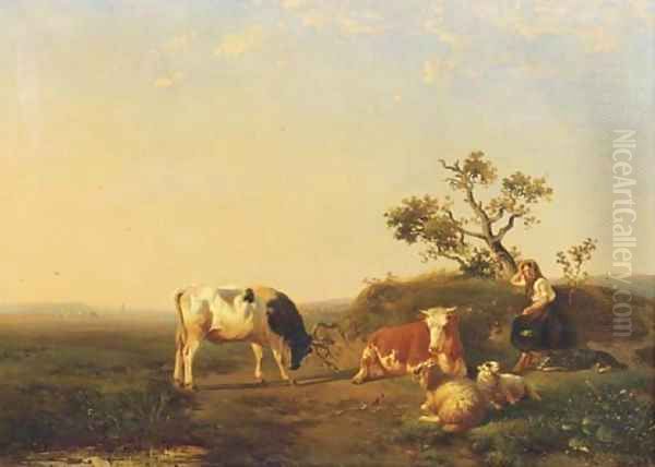 A peasant girl and cattle resting in a landscape Oil Painting by Johan Daniel Koelman