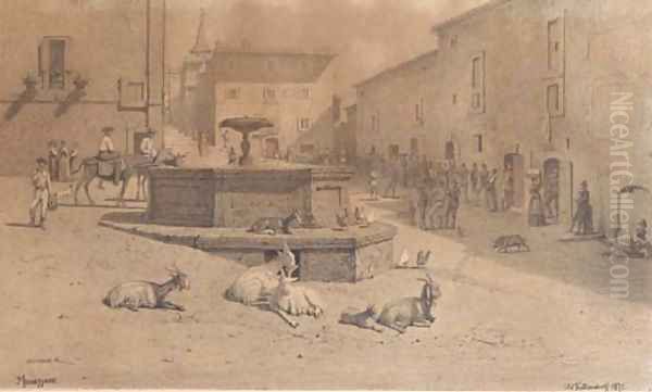 The square at Genazzano, with goats at a fountain Oil Painting by Johann Adolf Kittendorf