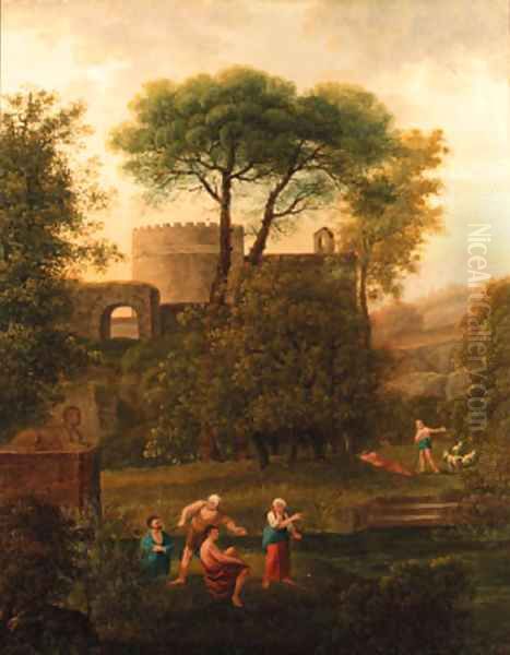 Figures in a classical landscape Oil Painting by Johann Kaspar Kuster