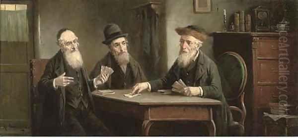 Rabbis playing cards Oil Painting by Lajos Kolozsvary