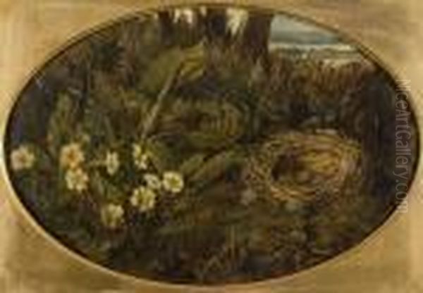 Still Life Of Primroses And Bird's Nest In A Woodland Setting Oil Painting by William Cruickshank