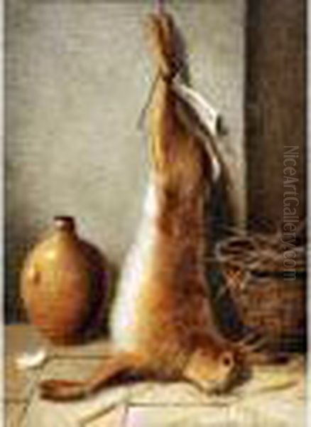 Still Life -a Dead Hare Hanging Near A Basket And Cider Jar Oil Painting by William Cruickshank