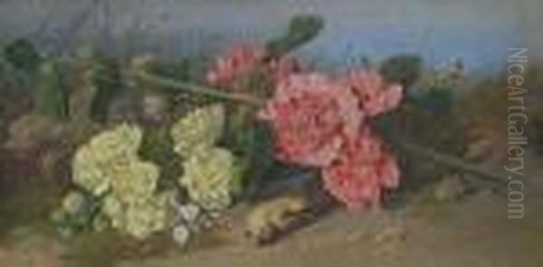 Still Life Of Flowers And A Fallen Goldfinch On A Mossy Bank. Oil Painting by William Cruickshank