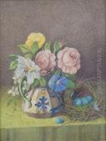 Still Life Of Convolvulus, 
Magnolia, Meconopsis And A Birds-nest, With A Bee Gathering Pollen Oil Painting by William Cruickshank