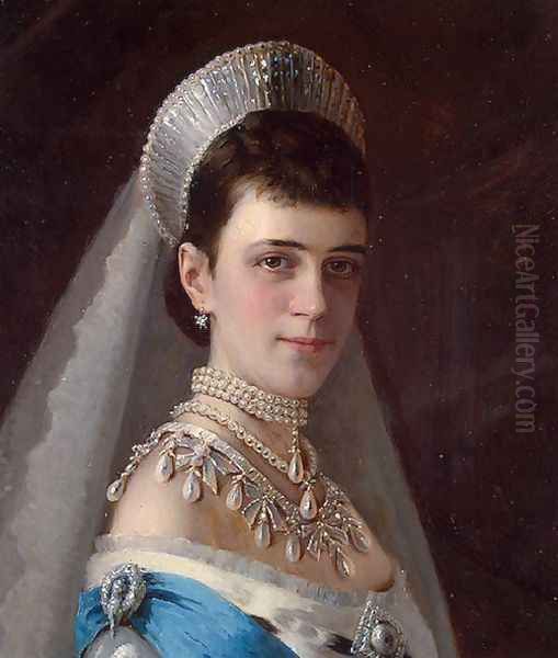 Portrait Of Empress Maria Fyodorovna In A Head Dress Decorated With Pearls Oil Painting by Ivan Nikolaevich Kramskoy