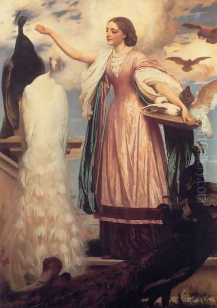 A Girl Feeding Peacocks Oil Painting by Lord Frederick Leighton