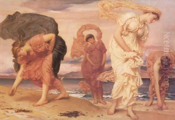 Greek Girls Picking Up Pebbles By The Sea Oil Painting by Lord Frederick Leighton