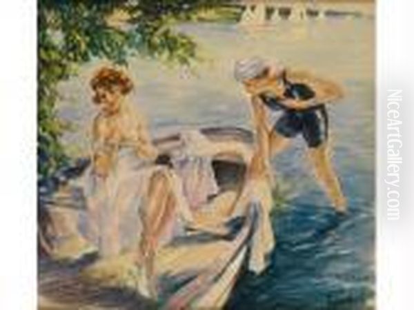 Zwei Badende Madchen Im Kahn Am Ufer Eines Sees Oil Painting by Edward Alfred Cucuel