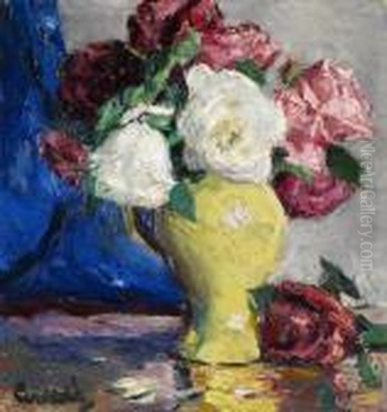 Rosen In Gelber Vase Oil Painting by Edward Alfred Cucuel